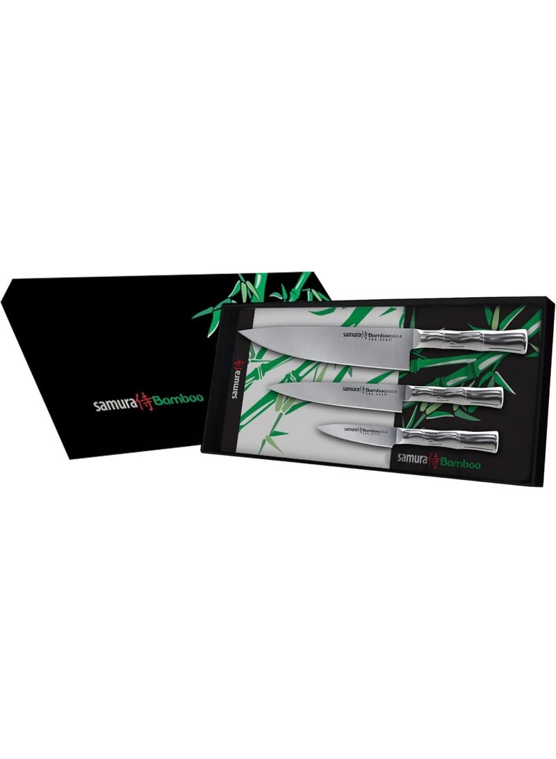 SAMURA BAMBOO Kitchen Knife Set of 3 | Japanese AUS‑8 Stainless Steel |  Chef  cm, Utility 15 cm & Paring 8 cm Blades Blades | Full‑Metal Bamboo Handle | Lightweight Professional Chef Knife Gift Set for Home - Image 5